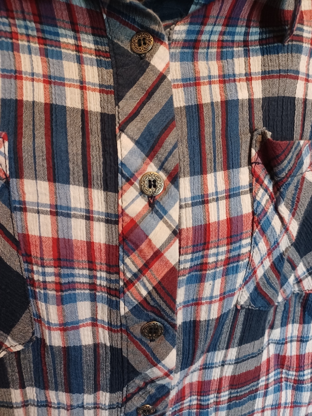 Catherines Red, Navy & Light Blue Plaid Button-Up Utility Shirt Blouse - Picture 3 of 12